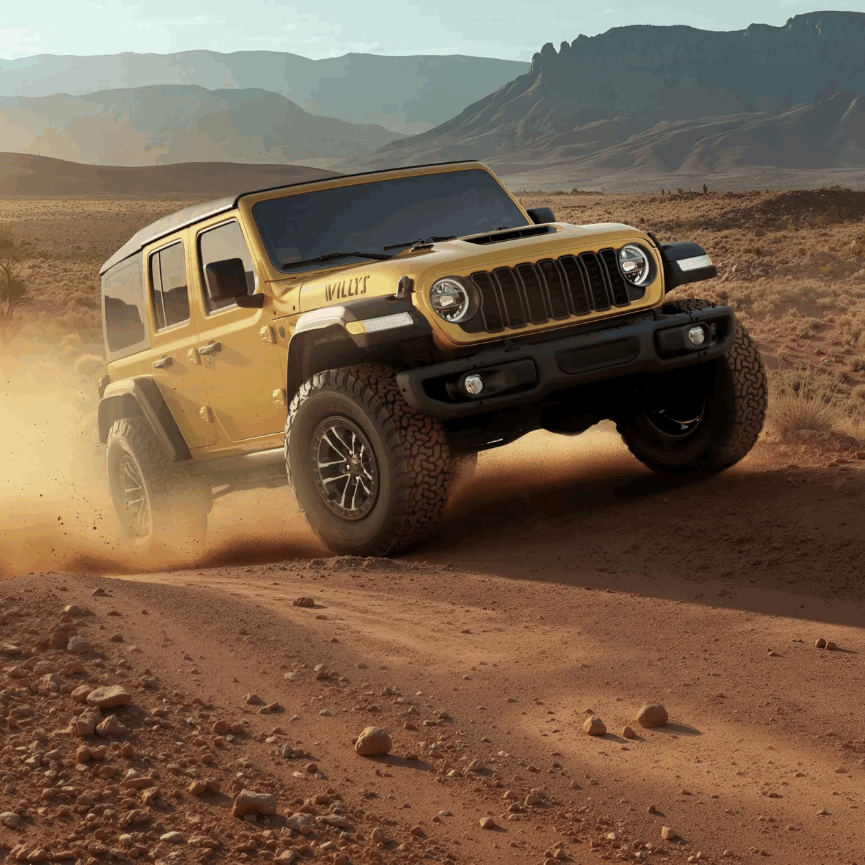 Yellow Jeep Wrangler kicking up dust on a desert trail.