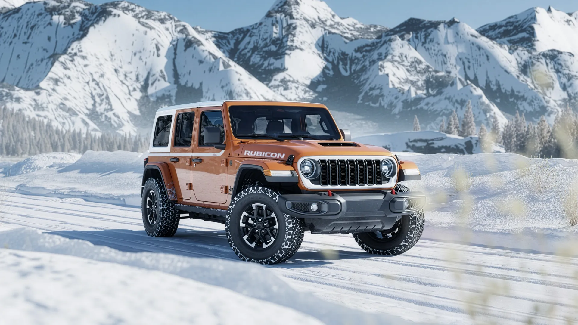 Orange Jeep Wrangler on a snowy road in front of snow-covered mountains.