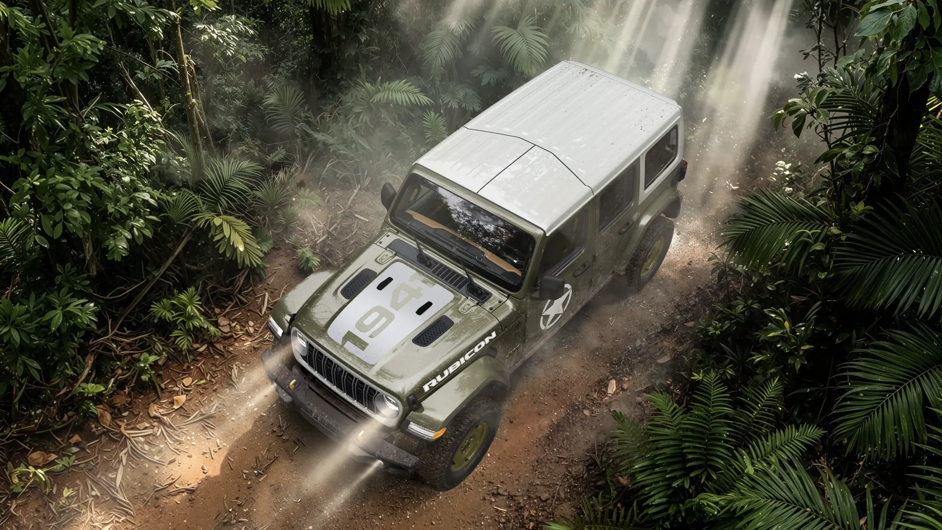 Light grey hard-top Jeep Wrangler seen from above, driving along a forest trail.
