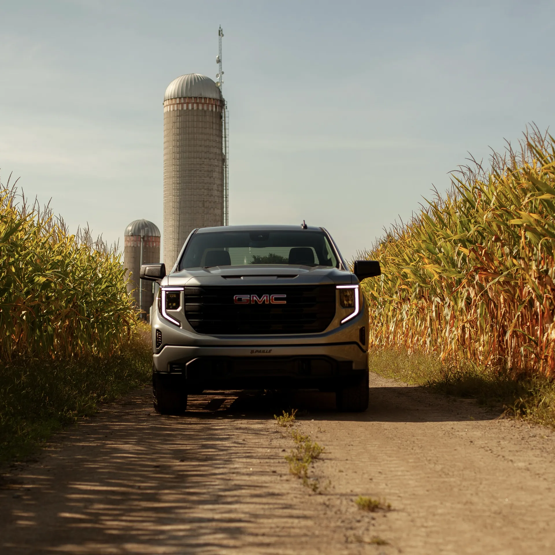 GMC Sierra 1500 2027 gris sur un chemin de terre entre deux champs de ma&iuml;s