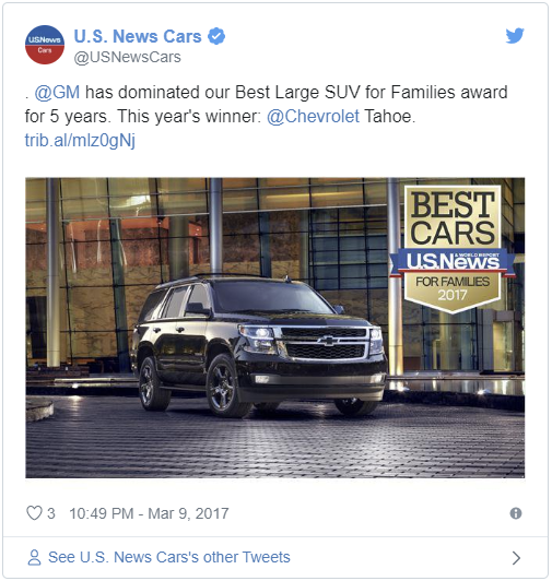 The 2017 Chevy Tahoe is Named the Best Large SUV for Families