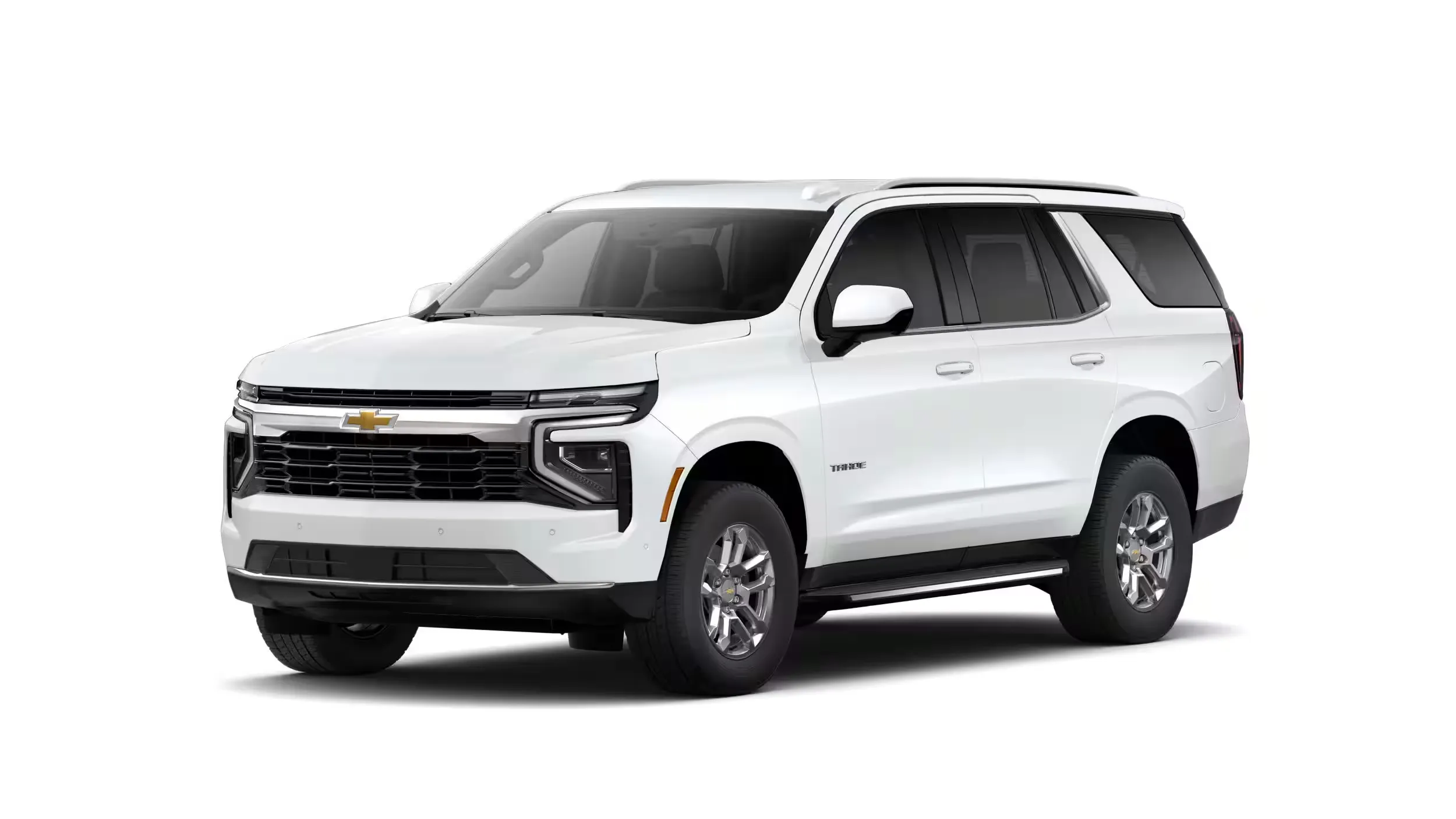 White 2026 Chevrolet Tahoe LS, front three-quarter view of the entry-level trim