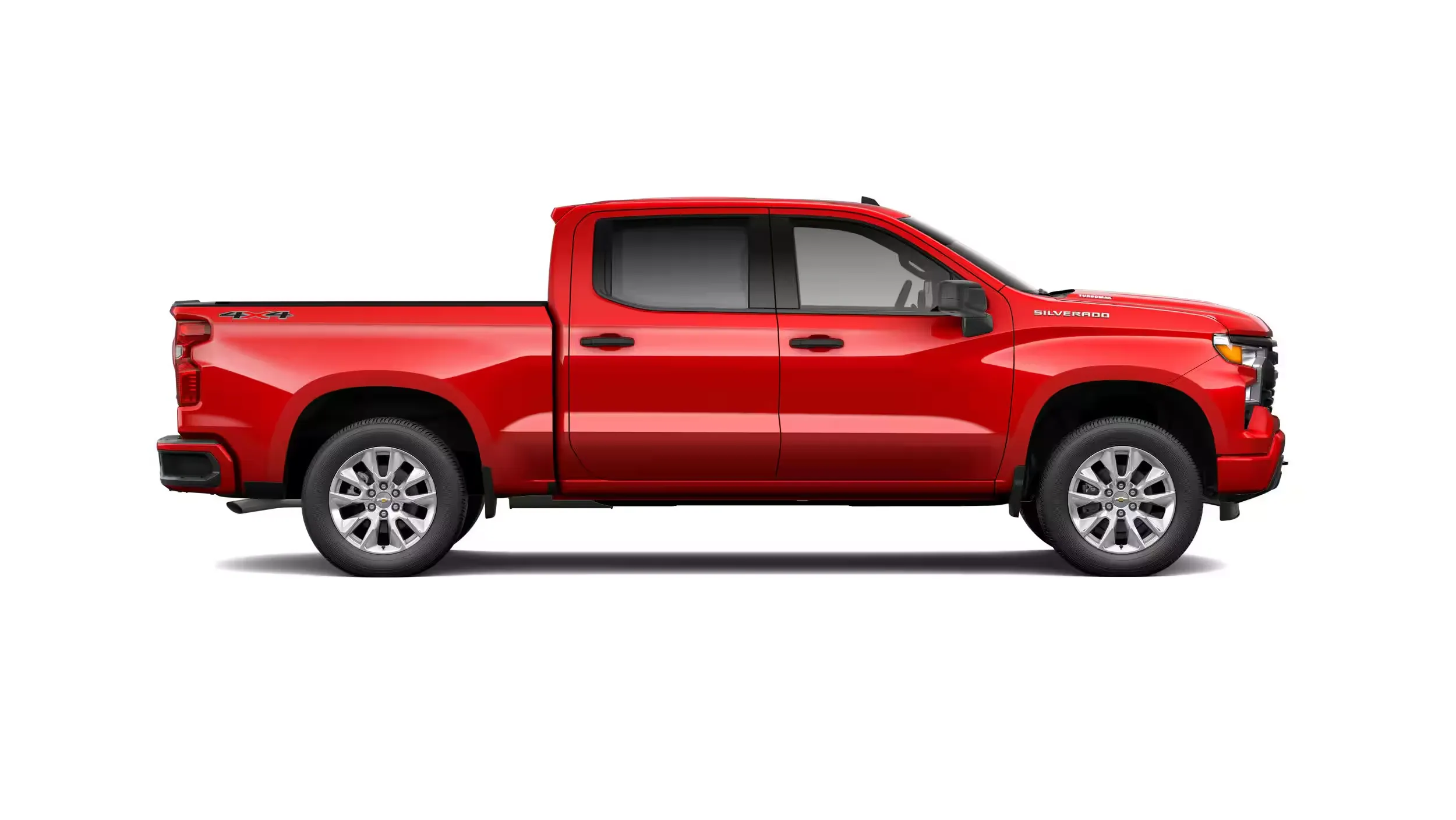Red Chevrolet Silverado 1500 Custom in profile view, versatile work pickup