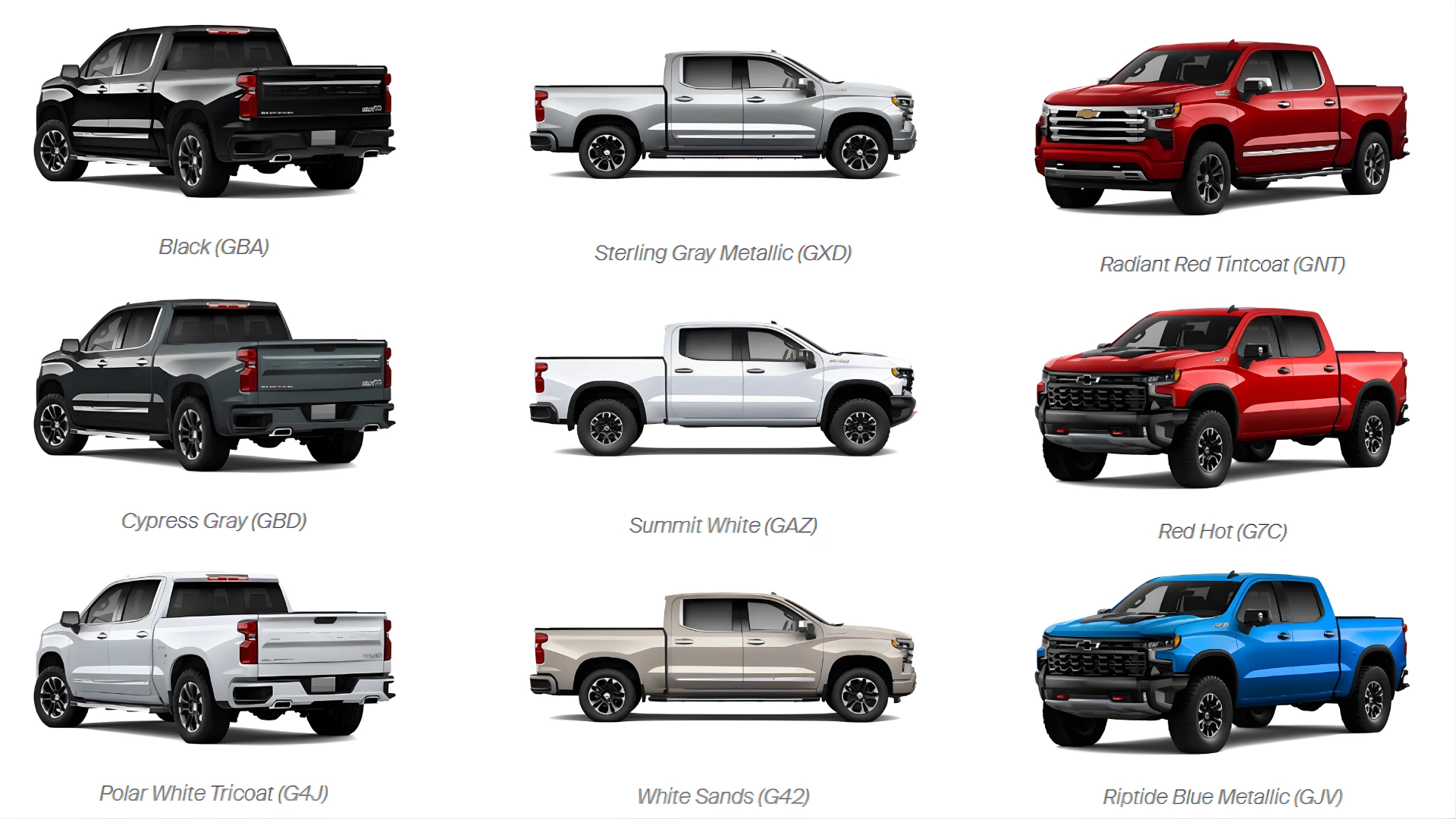 2026 Chevrolet Silverado 1500 colour palette across multiple body configurations