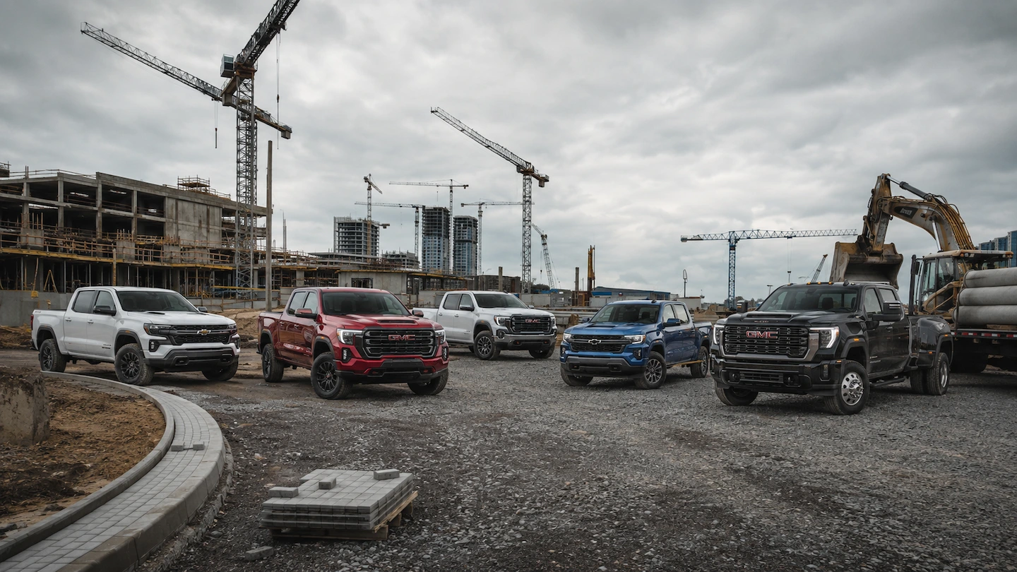 Flotte de camions Chevrolet et GMC sur un chantier de construction.