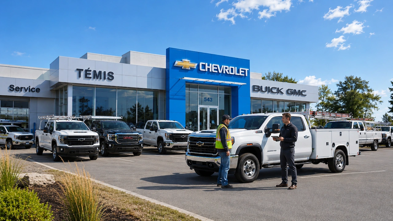 Camions commerciaux Chevrolet et GMC devant la concession Témis Chevrolet.