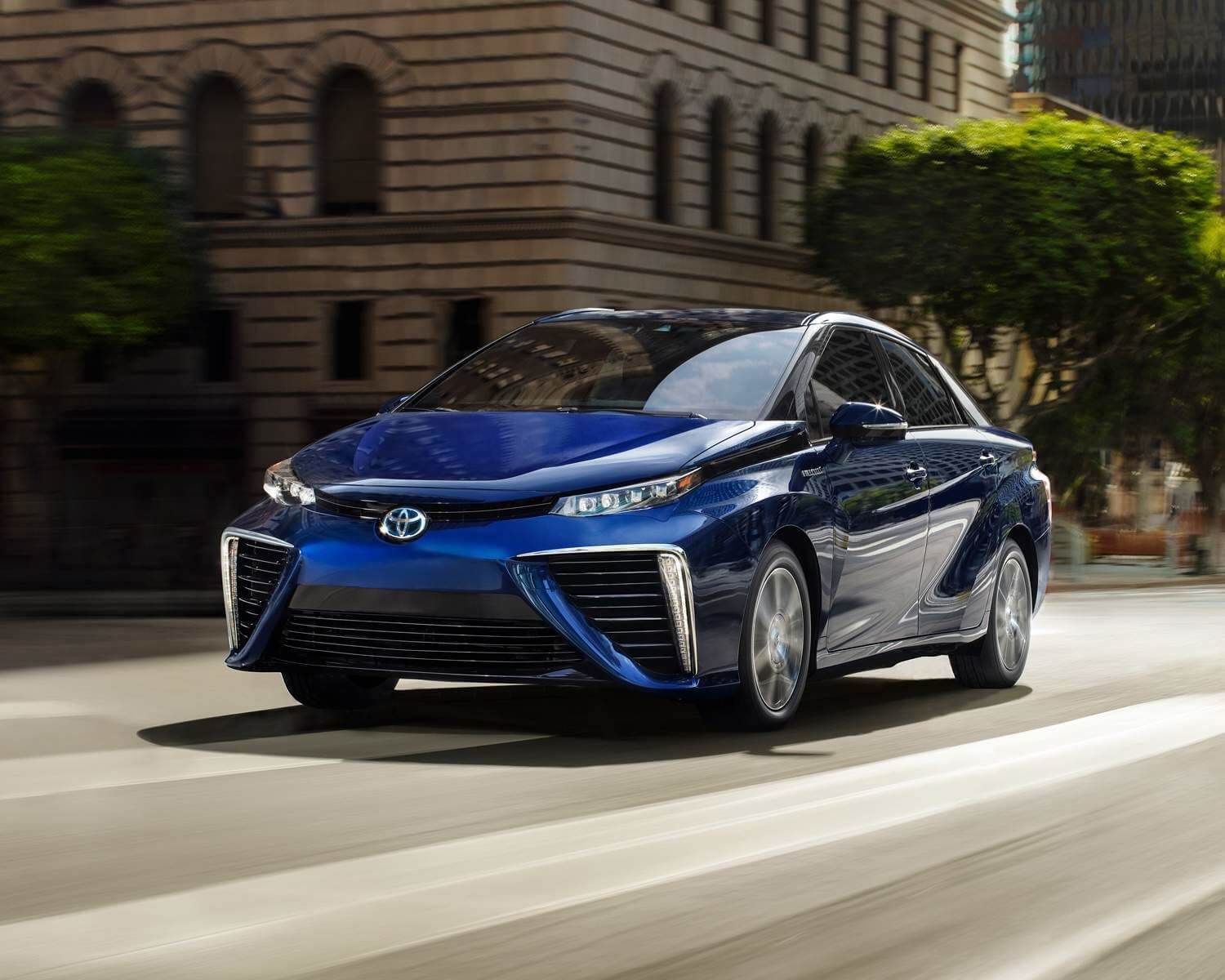 front 3/4 view of a 2020 Toyota Mirai being driven on a road