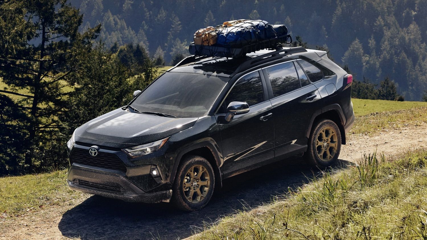 The Toyota RAV4 driving on a mountain road.