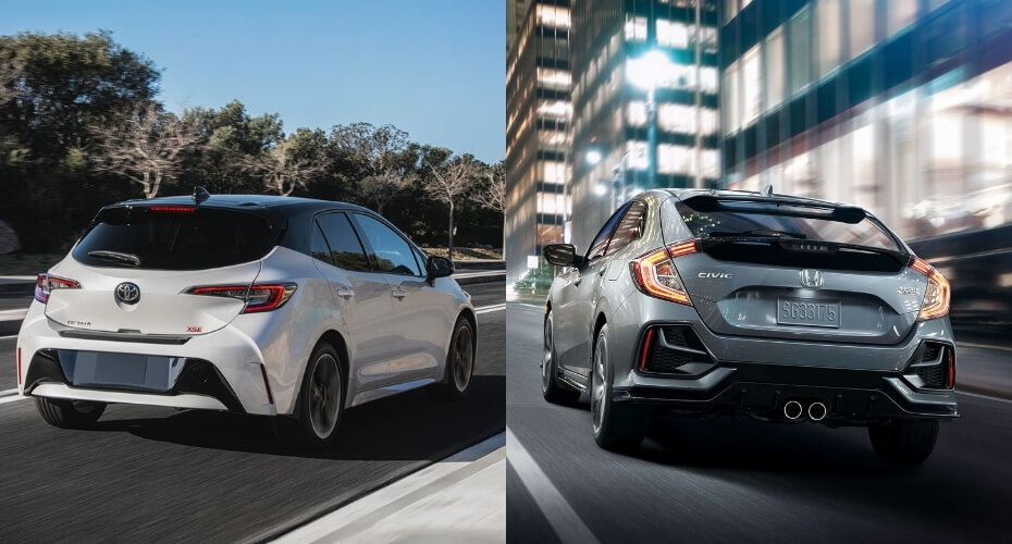 Rear view of the 2021 Toyota Corolla Hatchback XSE facing the 2021 Honda Civic on the road