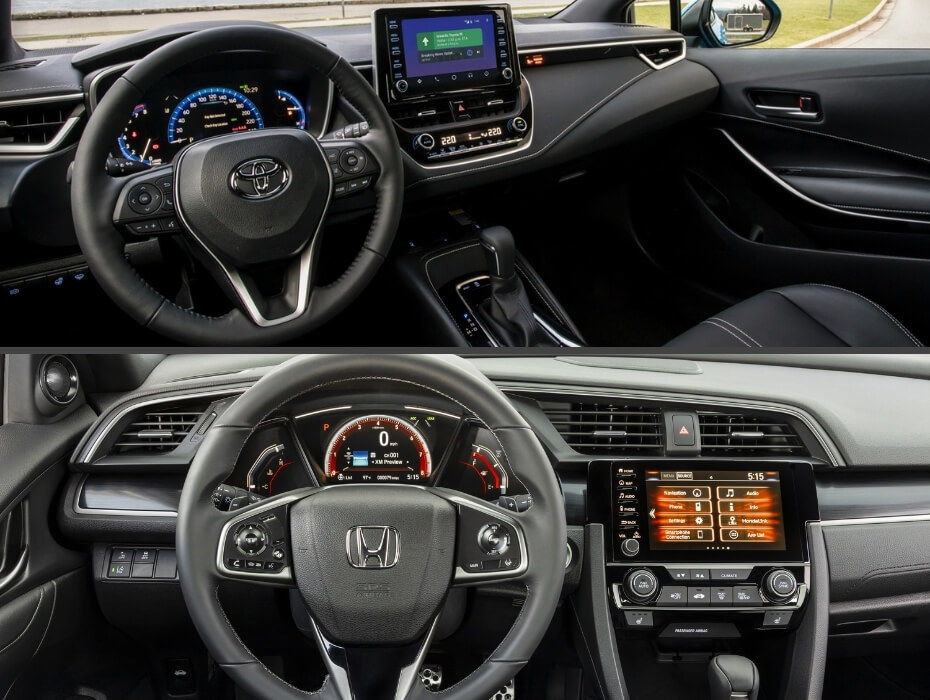 Tableau de bord de la Toyota Corolla Hatchback 2021 au-dessus de celui de la Honda Civic 2021