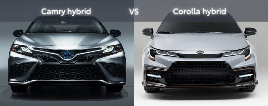 The gray 2021 Camry Hybrid to the left of the white 2021 Corolla Hybrid
