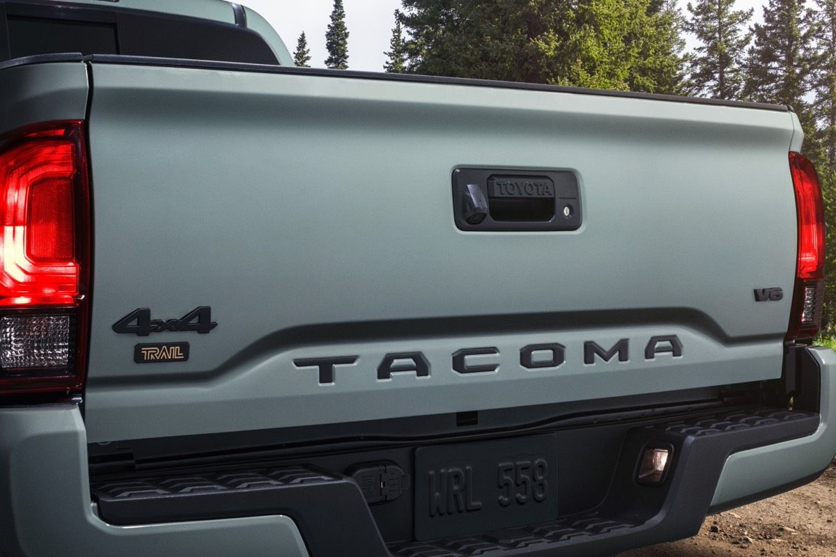 The trunk door of the Lunar Rock 2022 Toyota Tacoma Trail