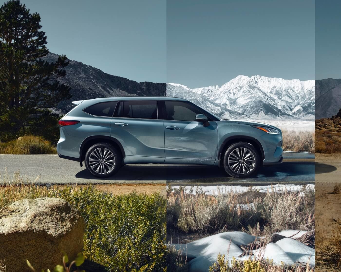 Side view of a 2022 Toyota Highlander Platinum Hybrid SUV parked between a summer background and facing winter