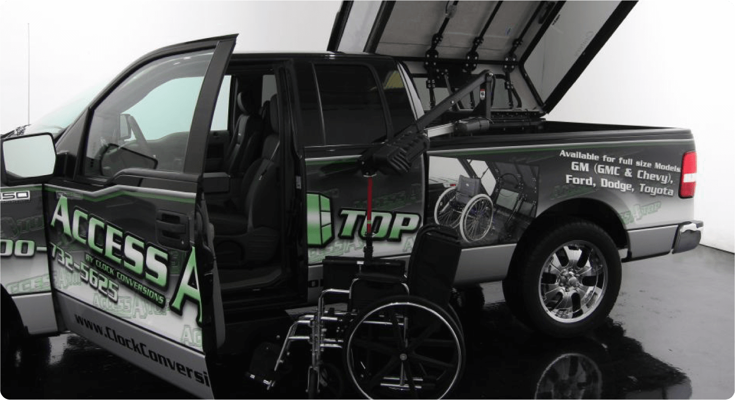 Ford F-150 - a black Ford F-150 equipped with an Access A Top wheelchair lift in the truck bed - Humberview Mobility - Accessible vehicle dealership in Toronto, Ontario