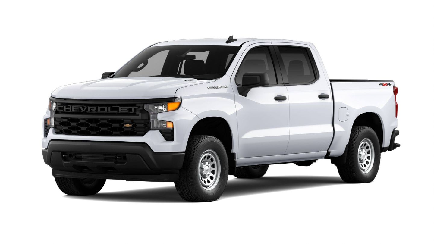 2026 Chevrolet Silverado - front three-quarter view of a white 2026 Chevrolet Silverado Crew Cab WT - Applewood Chevrolet, Buick, GMC - New car dealership in Mississauga, Ontario