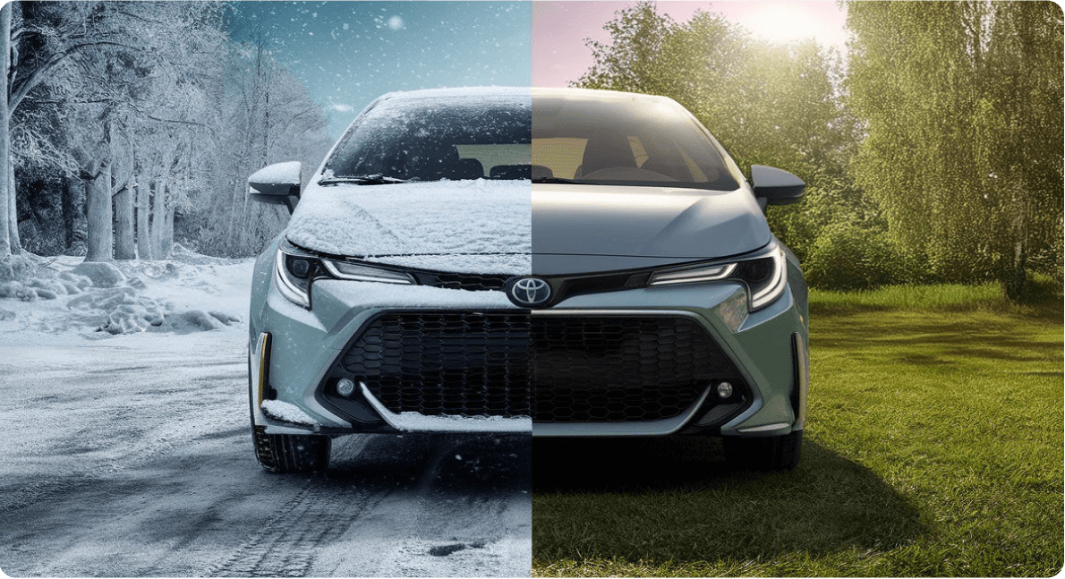 2026 Toyota Corolla - split-screen graphic of a silver Toyota Corolla in winter and summer settings for a seasonal tire swap - Georgetown Toyota - Toyota new car dealership in Georgetown, Ontario
