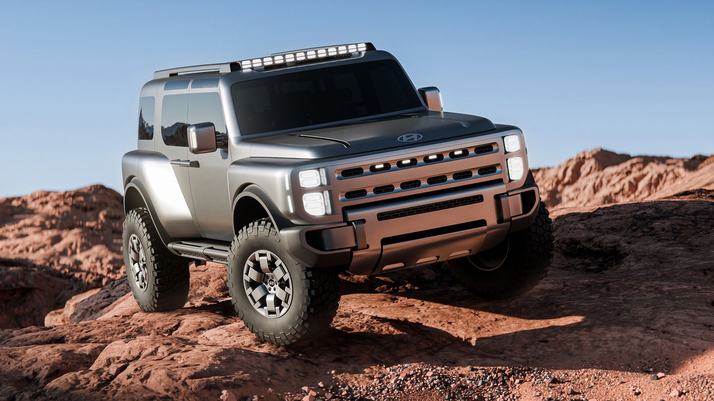 2026 Hyundai Boulder - front three-quarter view of a silver 2026 Hyundai Boulder in a rocky desert landscape - Cooksville Hyundai - Hyundai new car dealership in Mississauga, Ontario