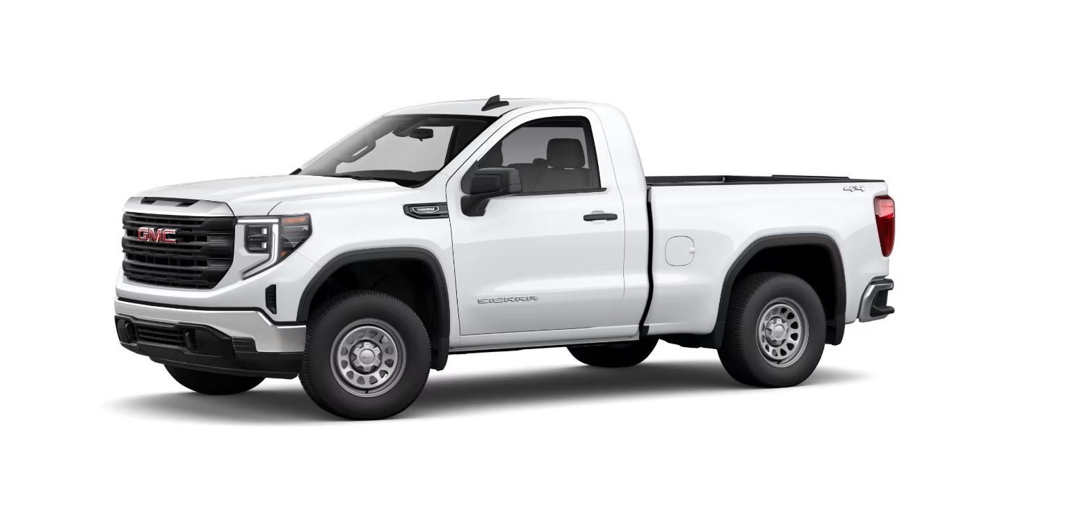 2026 GMC Sierra - front 3/4 view of a white 2026 GMC Sierra regular cab - Applewood Chevrolet Buick GMC - GMC new car dealership in Mississauga, Ontario