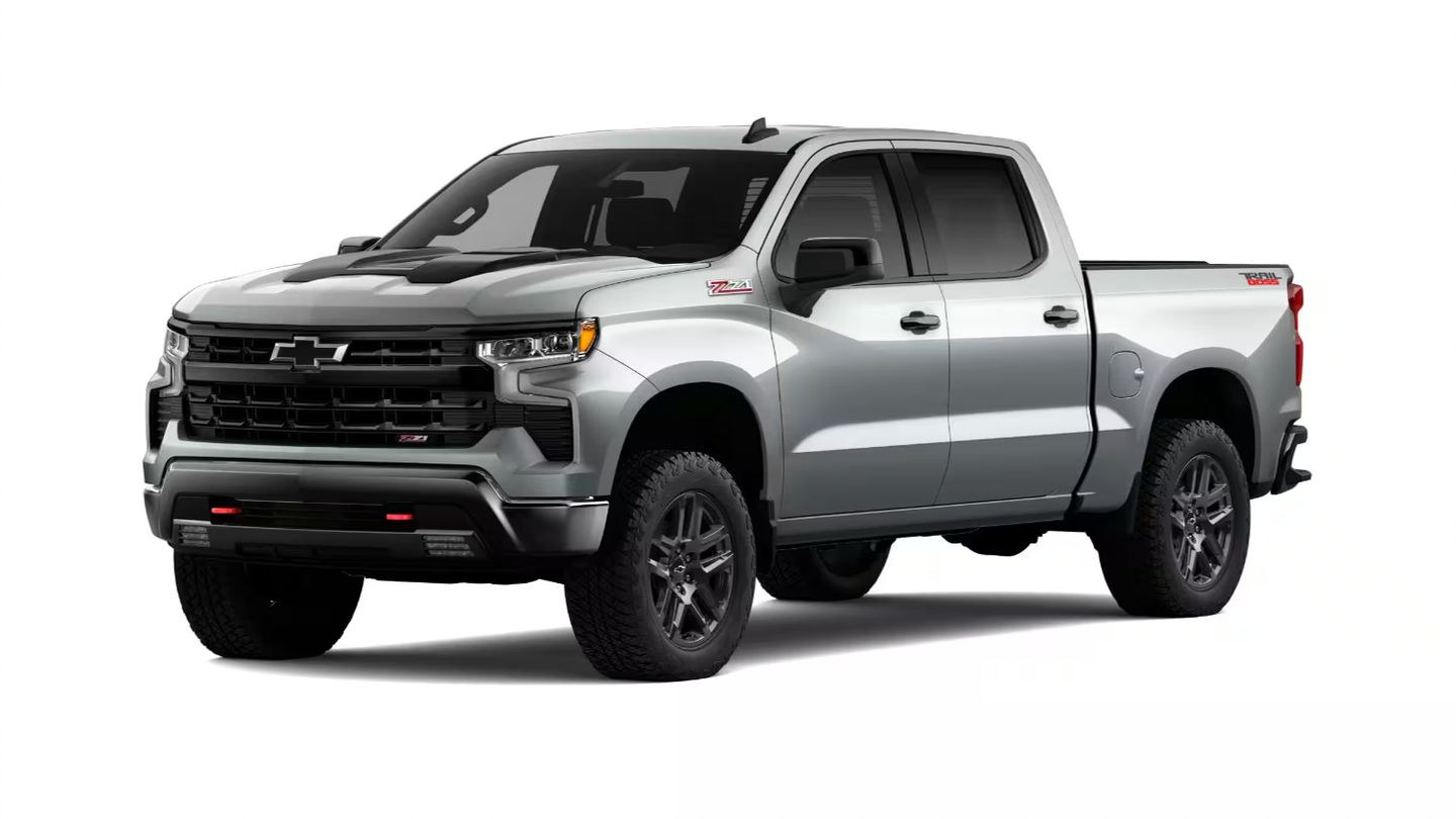 2026 Chevrolet Silverado Trail Boss - Front three-quarter studio view of a silver 2026 Chevrolet Silverado Trail Boss pickup truck - City Chevrolet, Buick, GMC - New car dealership in Toronto, Ontario