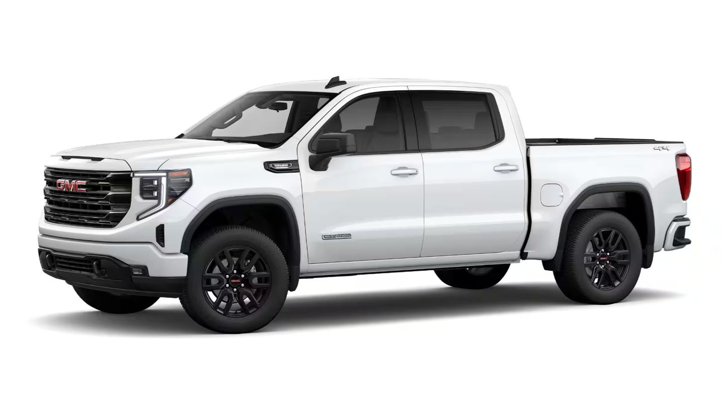 2026 GMC Sierra - Front three-quarter view of a white GMC Sierra pickup truck with black wheels - Humberview Chevrolet, Buick, GMC - New car dealership in Toronto, Ontario