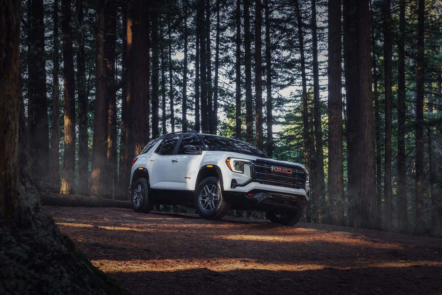 2026 GMC Terrain - front three-quarter view of a white 2026 GMC Terrain AT4 on a wooded dirt trail - Applewood Chevrolet, Buick, GMC - GMC new car dealership in Mississauga, Ontario