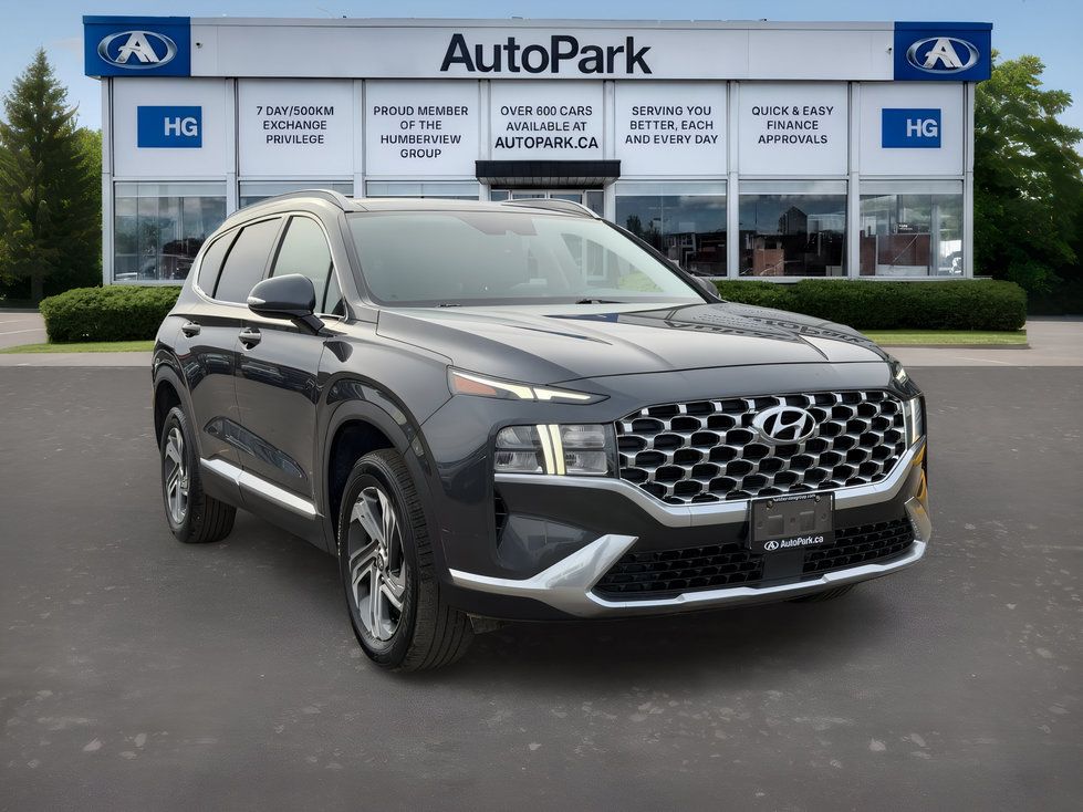 2027 Hyundai Santa Fe - front three-quarter view of a dark grey Hyundai Santa Fe parked outside - AutoPark Brampton - Used car dealership in Brampton, Ontario