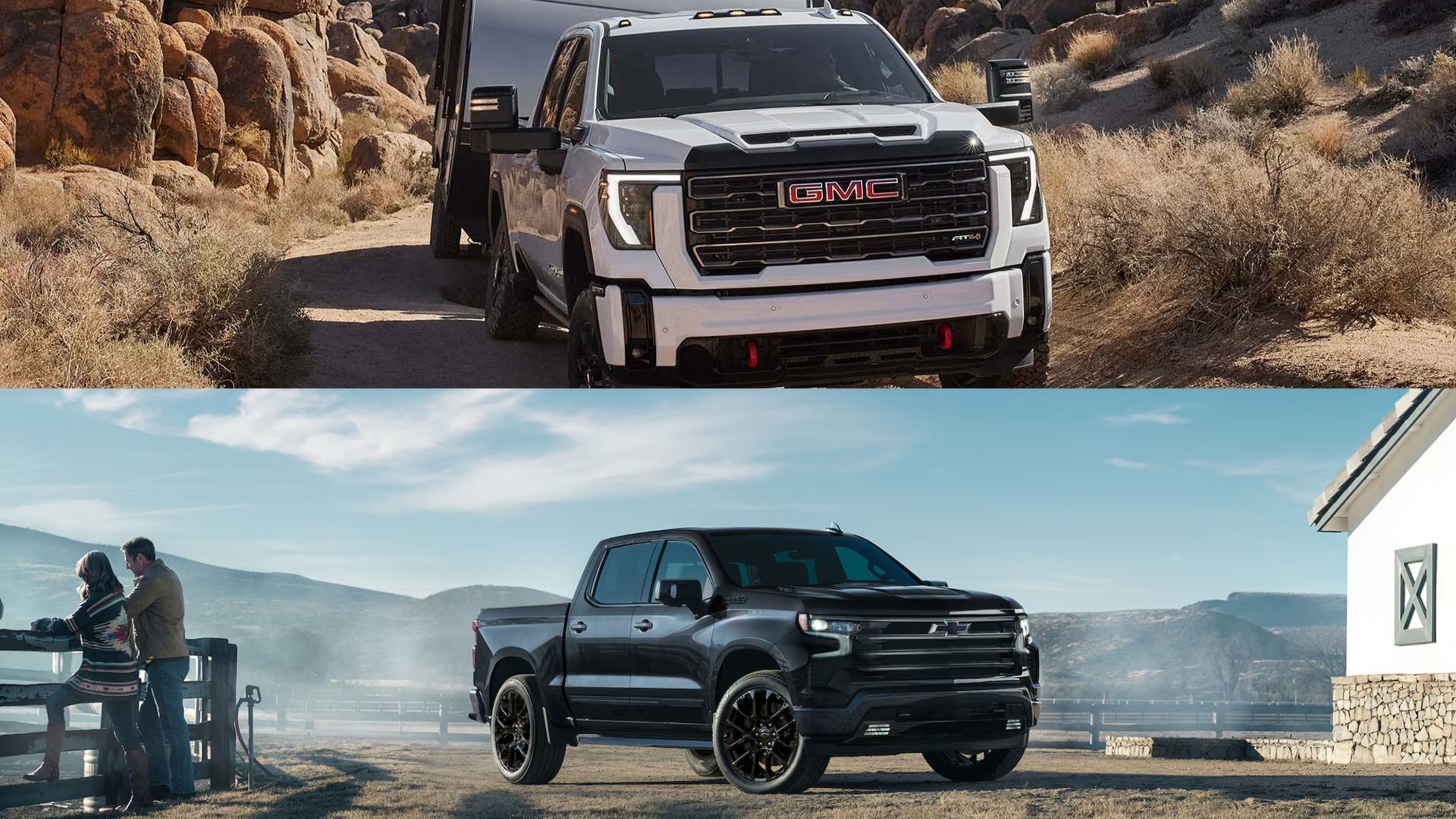 Montage photo avec le GMC Sierra qui tire une roulotte et le Chevrolet Silverado stationné dans un Ranch.