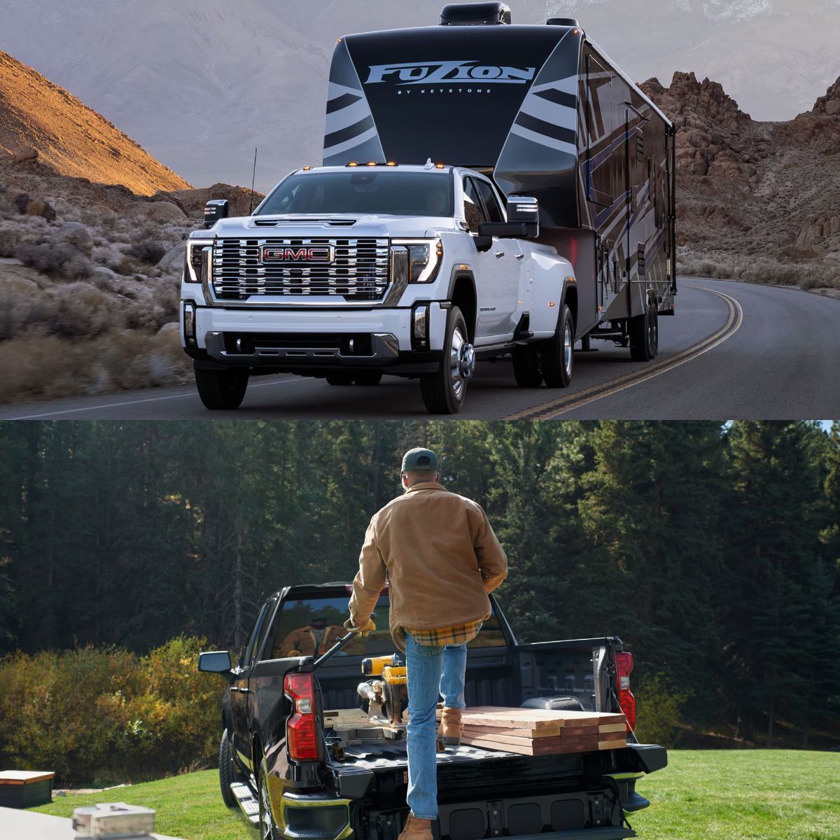 Montage photo avec le GMC Sierra qui tire une grosse roulotte et le Chevrolet Silverado charger avec des outils de chantier.