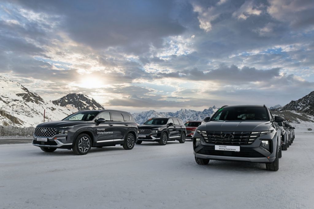 Gamme de véhicules Hyundai garés sur une surface en hiver avec des rocheuses en arrière-plan.