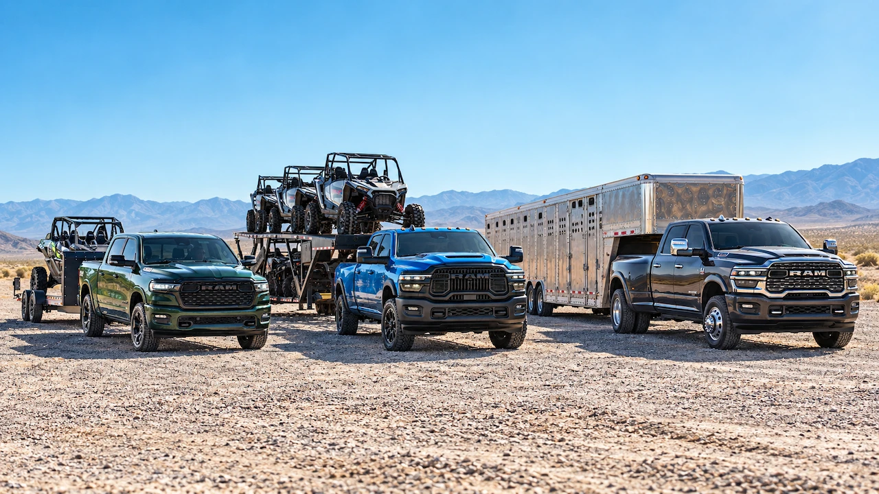 Ram 1500, 2500 and 3500 trucks lined up with trailers carrying off-road vehicles and livestock.