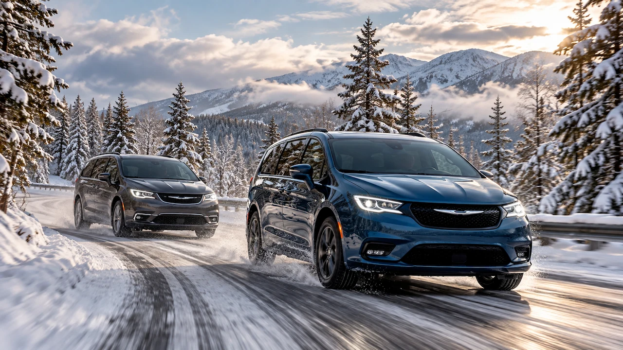 Blue Chrysler Pacifica and dark Chrysler Grand Caravan travelling on a snowy road with mountains and snow-covered trees in the background.