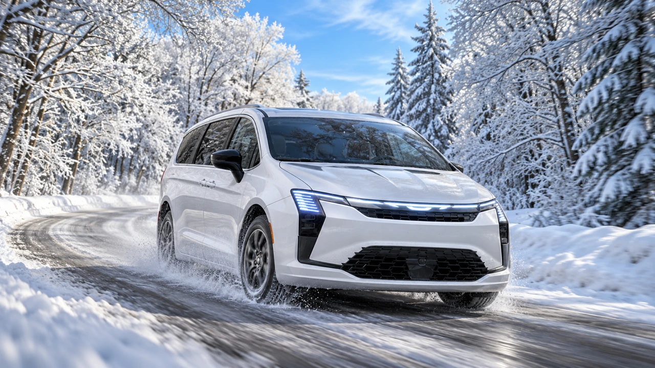 White 2027 Chrysler Pacifica Select AWD driving on a snow-covered forest road.