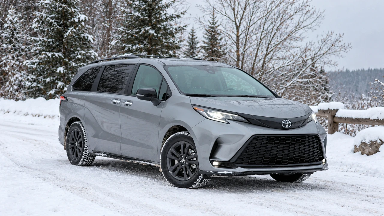Grey Toyota Sienna AWD shown from the front three-quarter angle on a snowy road beside evergreen trees.