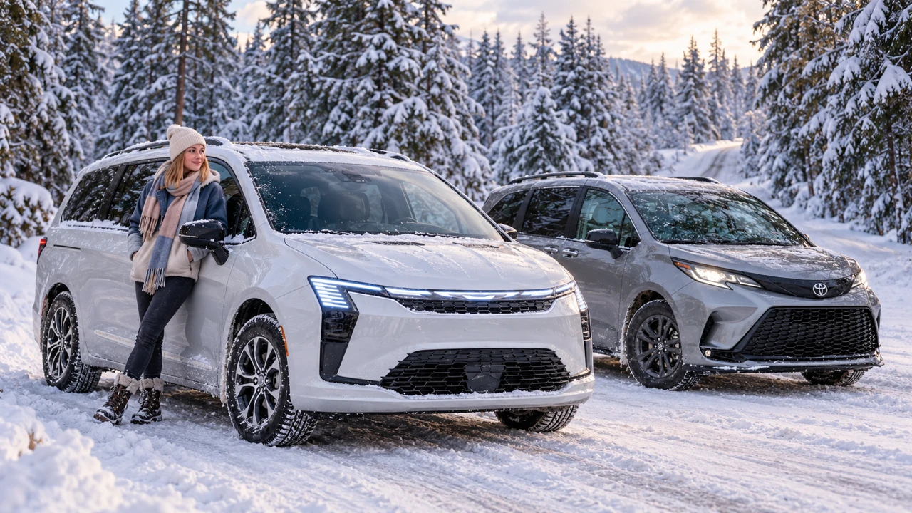 White Chrysler Pacifica AWD and grey Toyota Sienna AWD parked side by side on a snowy forest road, with a person beside the Pacifica.