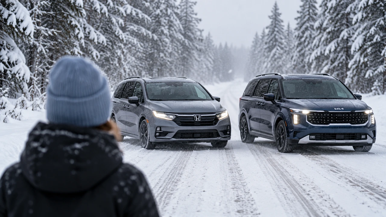 Honda Odyssey and Kia Carnival parked on a snowy forest road, viewed from behind a person wearing winter clothing.