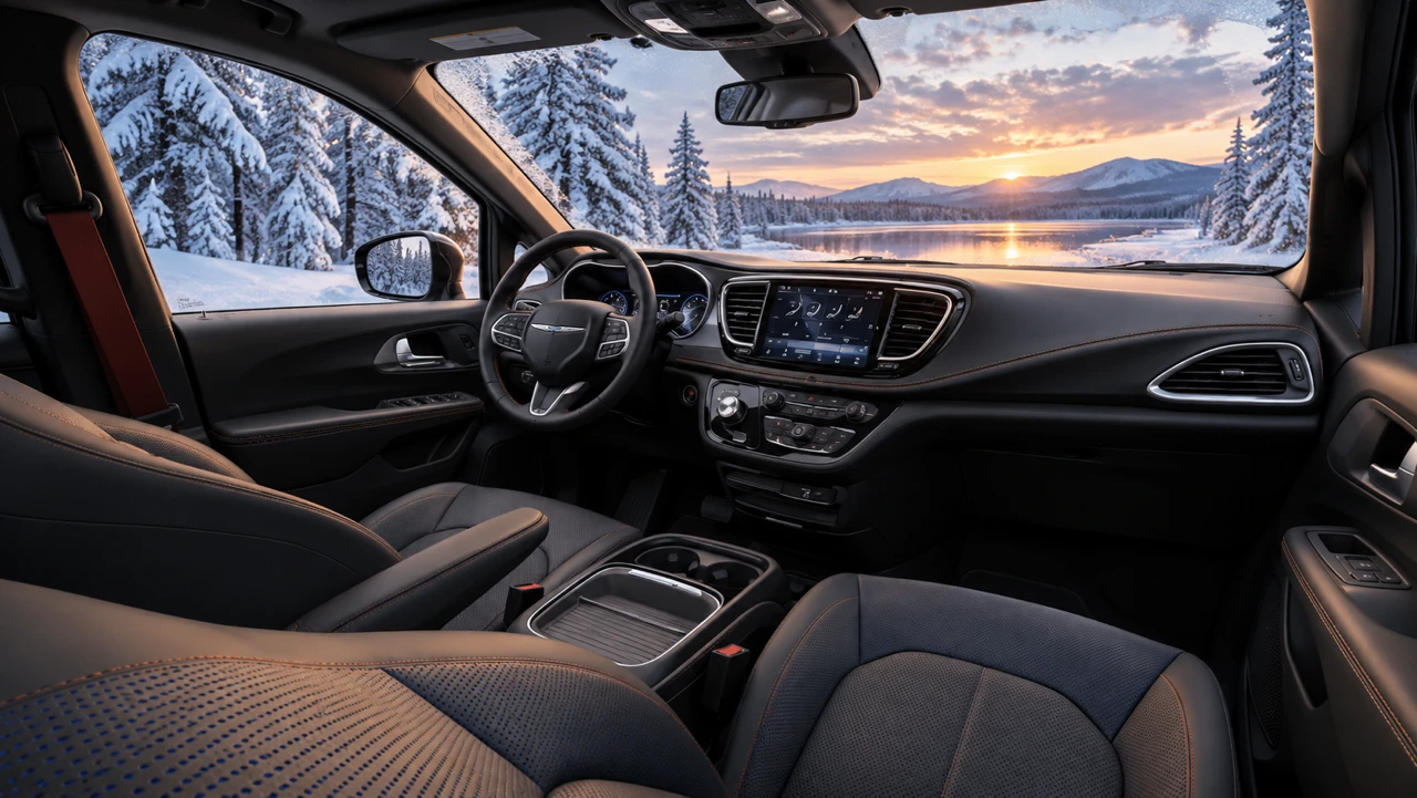 Chrysler Pacifica front cabin with a central touchscreen, steering wheel and centre console overlooking a snowy lake at sunset.