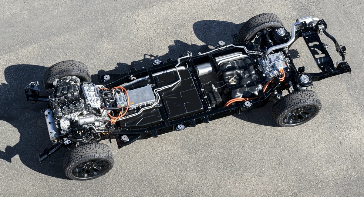 Overhead view of the Ram 1500 REV chassis showing the battery pack, electric drive components and front-mounted engine.