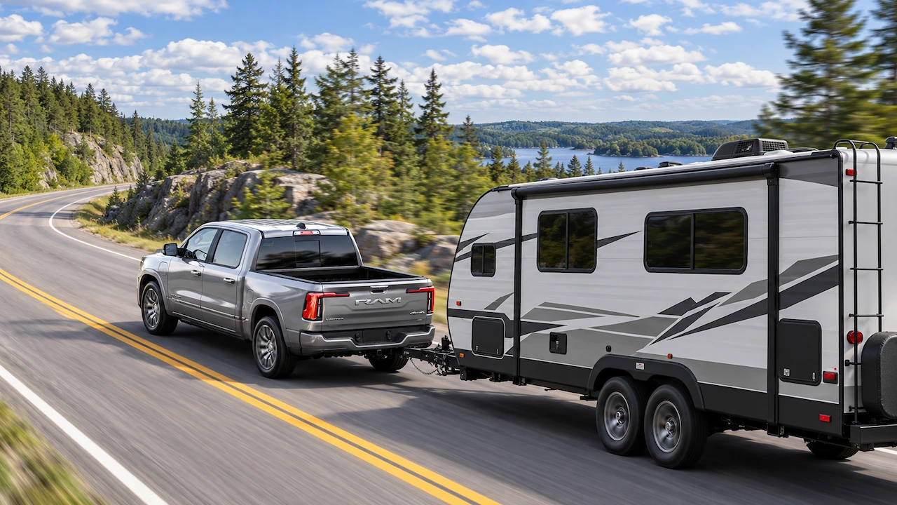 Silver Ram 1500 REV towing a travel trailer along a forest road beside a lake.