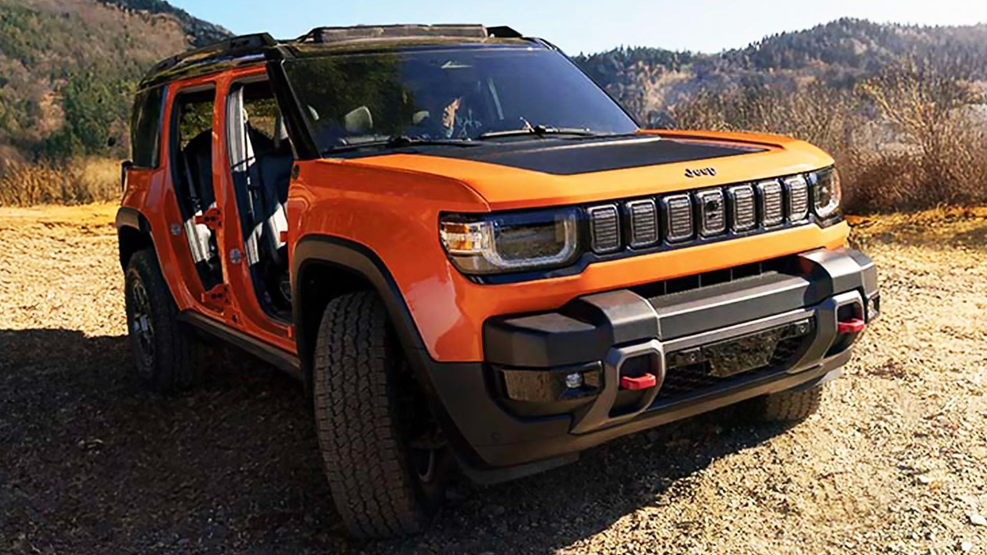 Vue rapprochée sur l'avant du Jeep Recon BEV 2026.