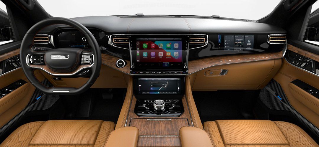 The design of the Jeep Grand Wagoneer's on-board console.