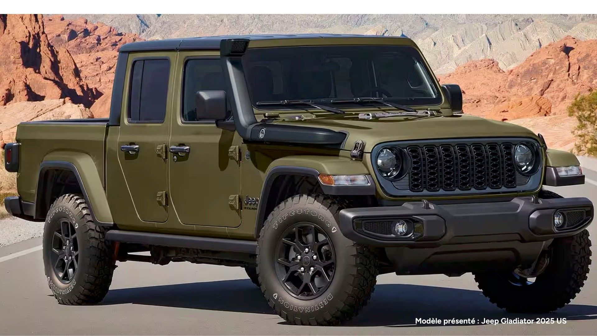 Jeep Gladiator 2025 parked in front of mountains.