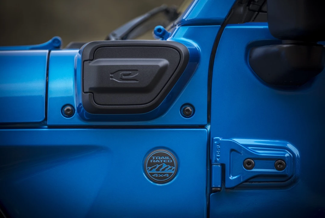 Charging port of the Jeep Wrangler 4xe plug-in hybrid.