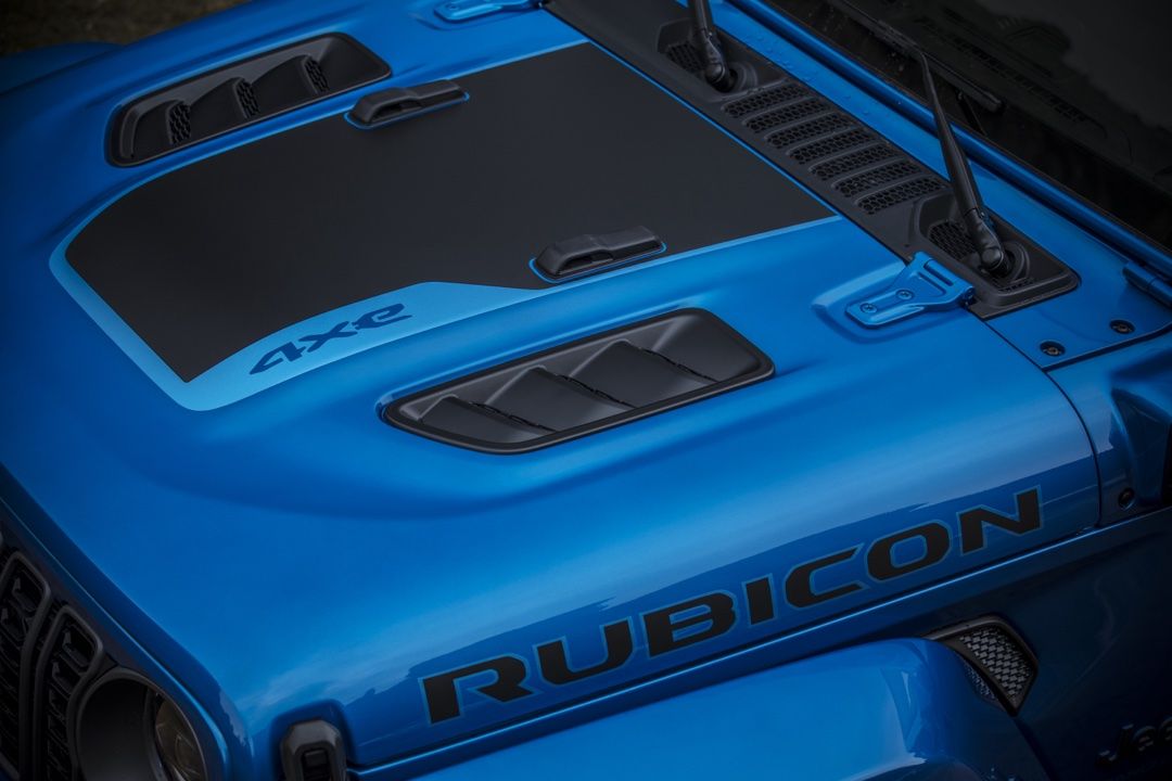 Hood of a Jeep Wrangler Rubicon 4xe plug-in hybrid.