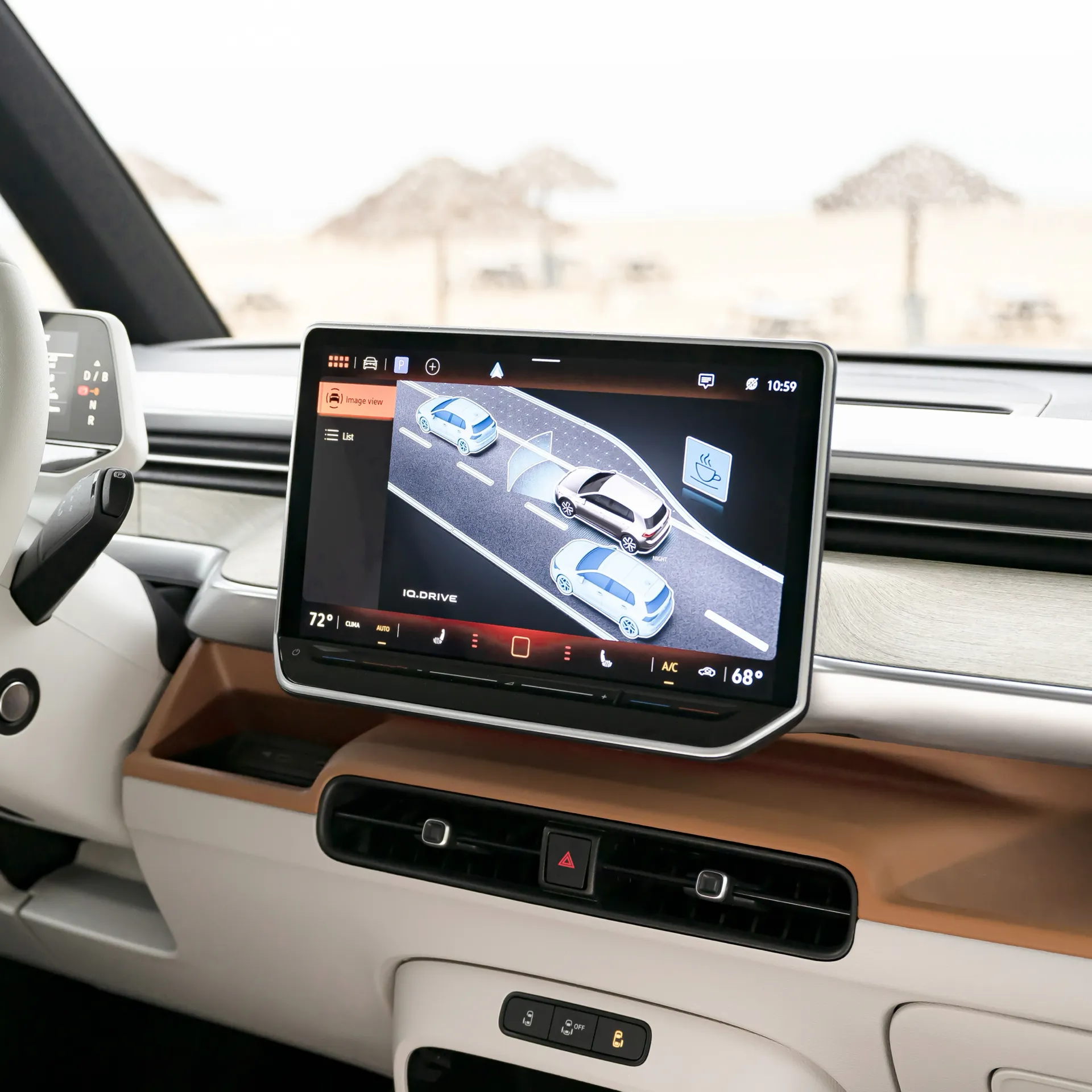 Infotainment screen of the Volkswagen ID. Buzz displaying driving aids