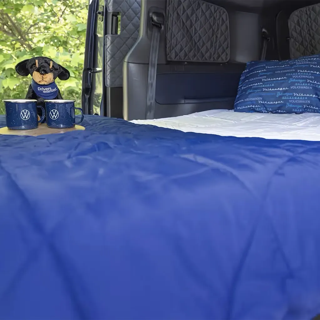 Bed set up inside the Volkswagen ID. Buzz for sleeping on board