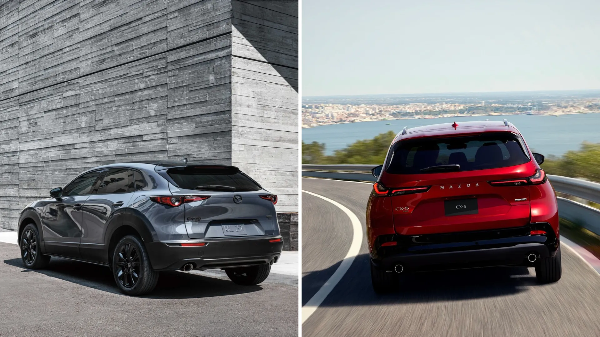 Vue arrière d'un Mazda CX-30 2026 gris et d'un Mazda CX-5 2026 rouge, côte à côte