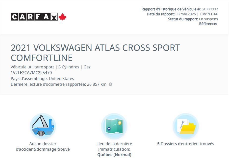 2021 Volkswagen Atlas Cross Sport Comfortline V6 | CARPLAY | CAM | CUIR | DÉMARREUR Comfortline V6 | CARPLAY | CAM | CUIR | DÉMARREUR