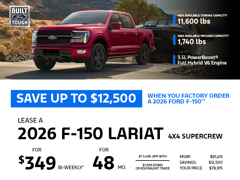 Lease a 2026 Ford F-150 Lariat 4X4 SuperCrew for $349 bi-weekly*