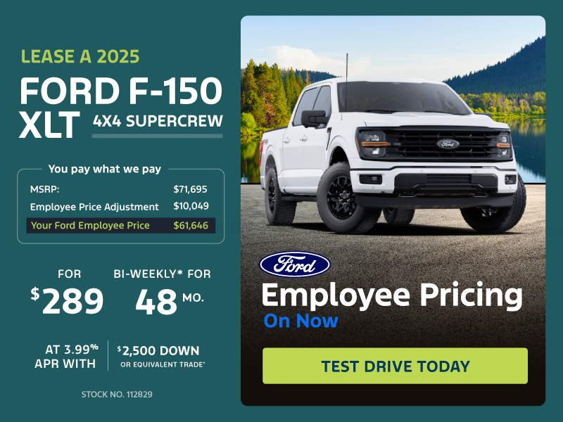 Lease a 2025 Ford F-150 XLT 4X4 SuperCrew for $289 bi-weekly*