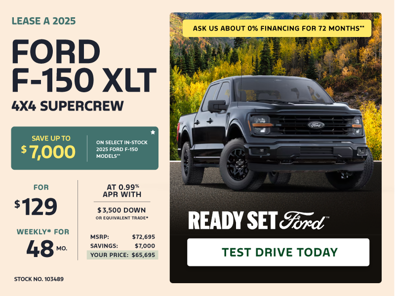 Lease a 2025 Ford F-150 XLT 4X4 SuperCrew for $129 weekly*